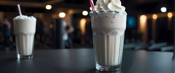 Delicious closeup of a creamy milkshake topped with whipped cream the blurred motion of gym members training invigorating the scene