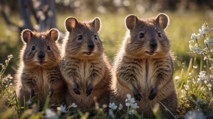 Fototapeta premium Three adorable quokkas standing on a grassy field with flowers in the background, enjoying the sun