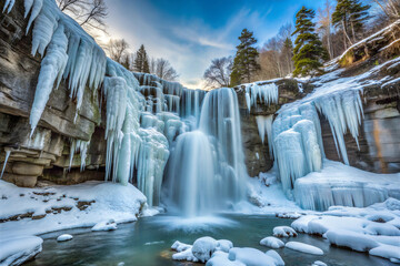 Frozen Waterfall Hanging Over a Cliffside © MST FARIDA