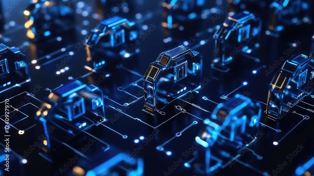 Poster abstract blockchain security concept with quantum encryption and decentralized computing nodes.