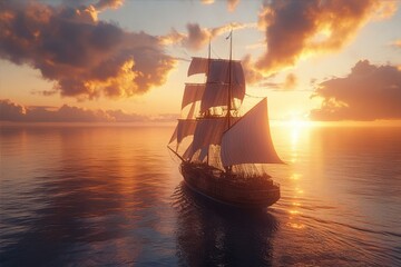 Obraz premium Sailboat at Sunset Waters A Voyage into Golden Hues on Calm Sea Under Cloudy Sky Evening Scene