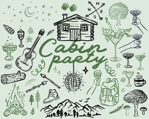 Beautiful whimsical hand drawn style Cabin Party illustration set, vector element collection

