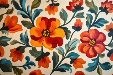 Vibrant floral painting in warm tones.