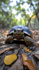 Naklejka premium HD Phone Wallpaper Yellow Spotted River Turtle Walking on Forest Floor Autumn Leaves