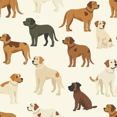 Various Breeds of Dogs in Different Poses Standing and Sitting in a Patterned Composition