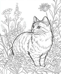Striped Cat Among Blossoming Flowers Detailed Line Art Illustration In Nature Setting Outdoors