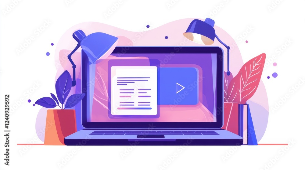 Fototapete illustration of a computer open on a table with a graphical representation of apps or programs on th