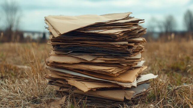 Sustainable Choices A Powerful Image of a Stack of Recycled Paper Juxtaposed Against a Background of Deforested Land, Highlighting the Urgent Need for Responsible Resource Management and