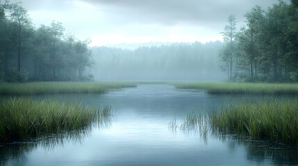 Fototapeta premium Misty River in a Green Forest