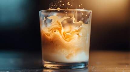 Creamy caramel latte swirls in glass, artistic coffee beverage concept