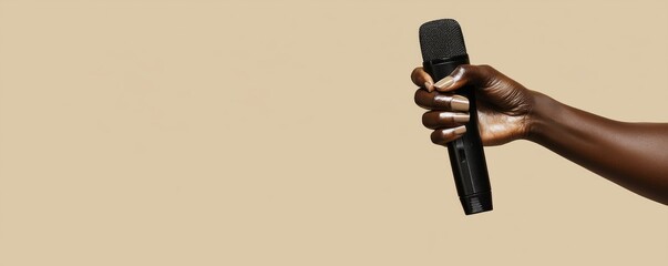 Black hand holding wireless microphone close up studio shot on beige background