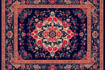 Intricate Persian Rug Design: A Tapestry of  Floral Motifs and Symmetrical Patterns
