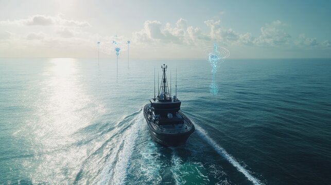 AI-controlled autonomous ship navigating the ocean using real-time satellite and radar analytics.