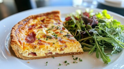 A traditional French quiche Lorraine, made with eggs, cream, cheese, and bacon, served with a fresh green salad, offering a savory and delicious experience