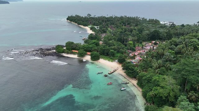 Sao Tome and Principe - Ilheu das Rolas Aerial View. Equatorial Island With Pristine Beaches, Turquoise Waters, and Lush Greenery.
