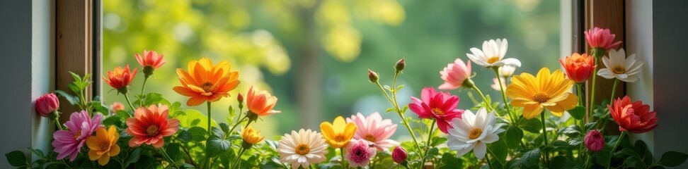Fototapeta premium Colorful flowers swaying in the breeze on a windowsill, flowers, plants
