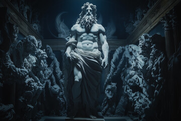 Obraz premium Antique marble statue of the god of the kingdom of the dead, Hades, against monsters of the underworld background. Ancient Greek and Roman mythology.