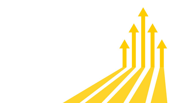 Multiple yellow arrows pointing upward in a triangular or pyramidal shape on a white background, representing growth, success, and progress