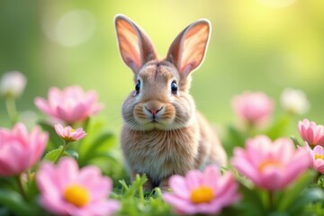 Fototapeta premium Cute bunny surrounded by blooming spring flowers, pastel colors, cute, animal