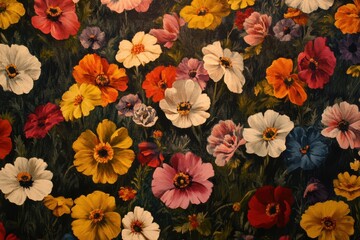 Vibrant floral painting with various colors and textures.