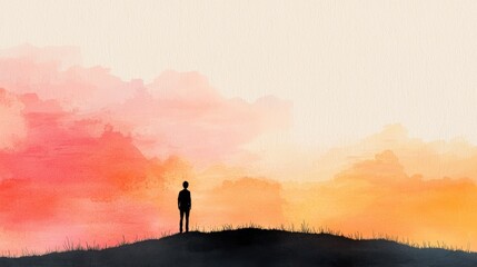 Fototapeta premium Serene Sunset Landscape with Silhouette of a Person Contemplating Nature's Beauty and Tranquility