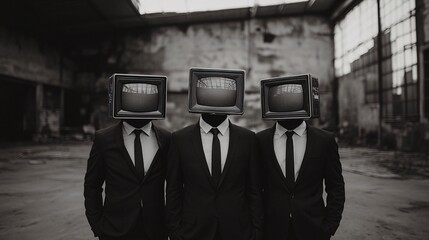 Three Men with TV Heads in Abandoned Warehouse