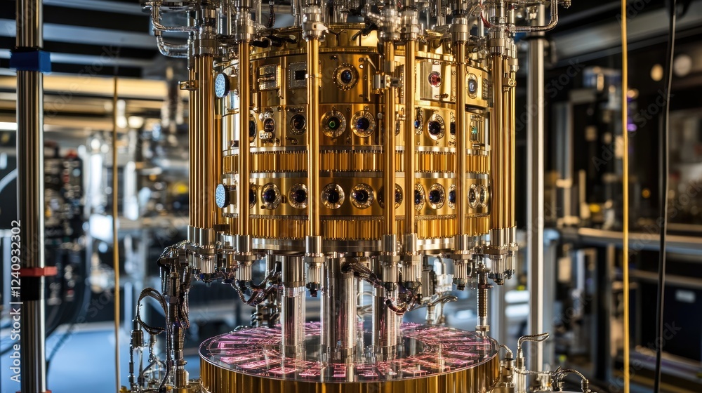 Poster ai-powered quantum computing system processing vast amounts of data in a futuristic research lab.