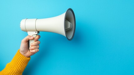 Hand Holding White Megaphone Against Vibrant Blue Background Announcing Advertisement Communication