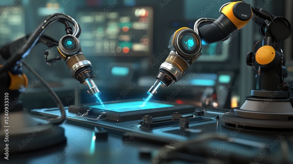 Poster autonomous ai-driven robots collaborating in a high-tech research lab, sharing real-time data.