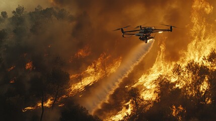Fototapeta premium Autonomous firefighting drone releasing a targeted water spray on a forest fire.