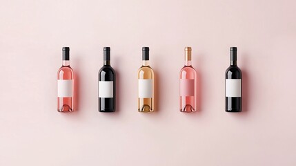 Obraz premium Assorted wine bottles with blank labels on a pastel background