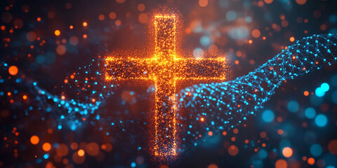 Christian abstract background: cross made of DNA molecules and lights. Can be used for modern religious publications
