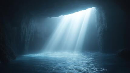 Sunlight streaming through cave opening into deep ocean abyss with soft light rays