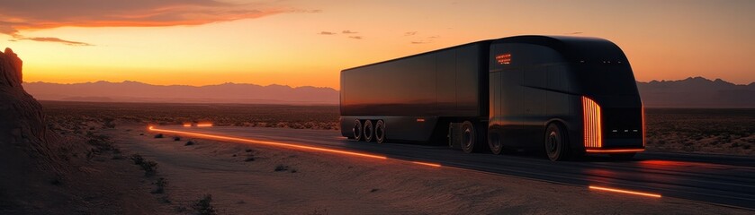 Futuristic Electric Truck Driving on Desert Highway at Sunset with Glowing Road Lights and Mountainous Horizon