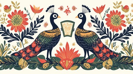 Fototapeta premium Elegant Design Featuring Two Colorful Peacocks with Floral Elements on a White Background for Stylish Shirt Creations