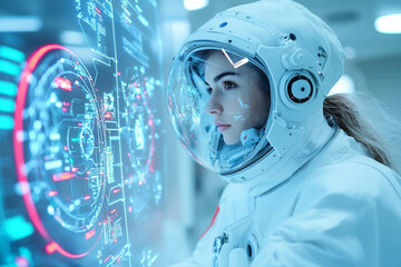 A close-up photograph of a determined young female astronaut studying technical mission manuals in a high-tech training facility, gearing up for her upcoming space journey,