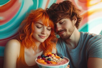 A young couple shares a healthy smoothie bowl, enjoying a cozy moment together.