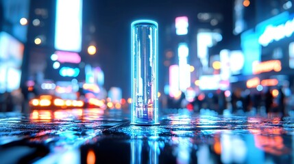 Fototapeta premium Futuristic Skyscraper in Downtown New York, illuminated LED billboards, busy pedestrian crosswalk, vibrant city glow, dynamic night scene, energetic urban atmosphere