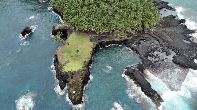 Sao Tome and Principe - Ilheu das Rolas Aerial View. Equatorial Island With Pristine Beaches, Turquoise Waters, and Lush Greenery.