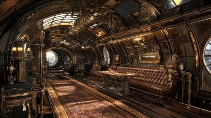 Steampunk Airship Interior: Luxurious Lounge in a Victorian Era Vessel
