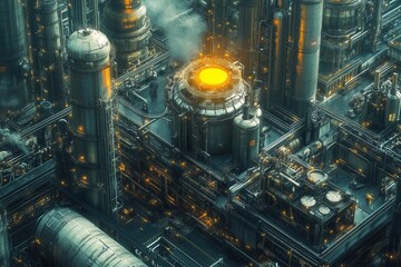 Futuristic Industrial Complex with Glowing Central Reactor and Intricate Network of Pipes and Structures