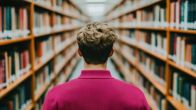 A person stands in a library, facing rows of bookshelves, showcasing a serene and contemplative atmosphere.