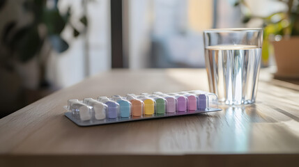 Colorful capsules in a pill organizer on a wooden table with a glass of water, representing daily medication routine for chronic illness management and health care.