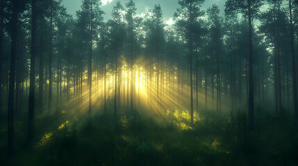 Fototapeta premium Golden Sunrise Rays in a Mystical Forest