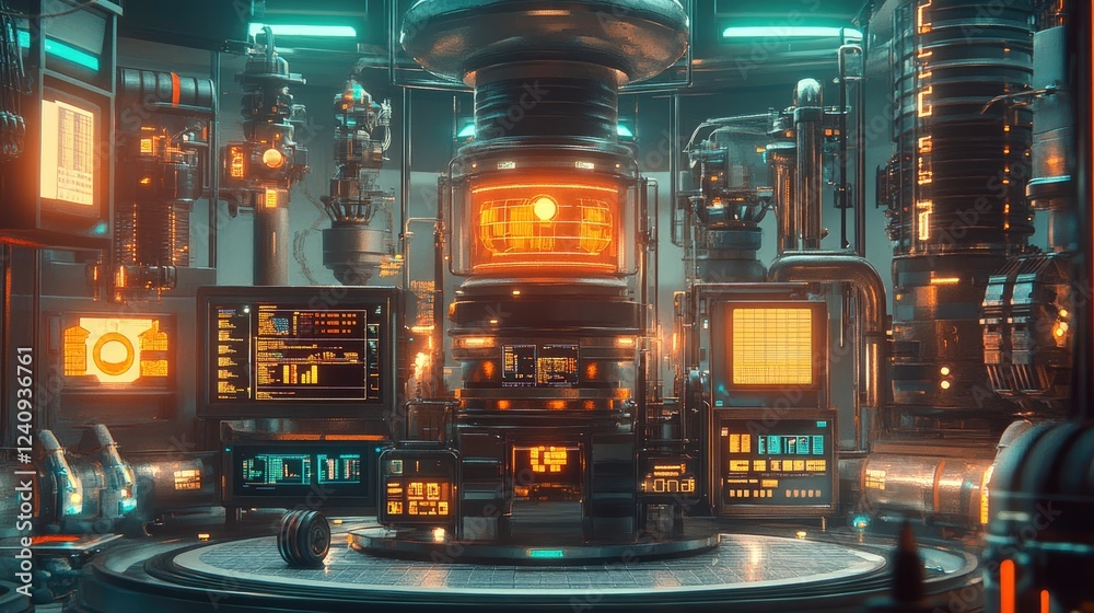 Poster a futuristic ai-driven industrial dashboard displaying analytics and production metrics.