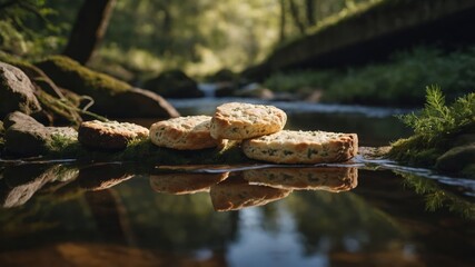 Freshly baked cookies resting on moss by a serene stream, surrounded by lush greenery