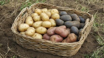 basket overflowing with various types of potatoes, including yellow, red, and purple varieties, showcases rich diversity of this staple vegetable. earthy background adds rustic charm