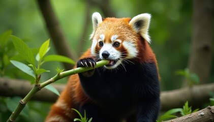 Naklejka premium Red panda eating bamboo in a naturalistic enclosure, leaves, food