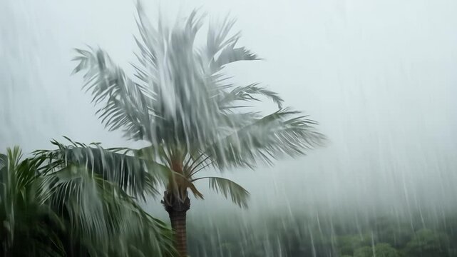 Palm tree swaying wildly during tropical rainstorm