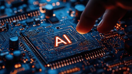 A close-up of a hand touching a computer chip featuring the illuminated letters "AI," symbolizing artificial intelligence technology.